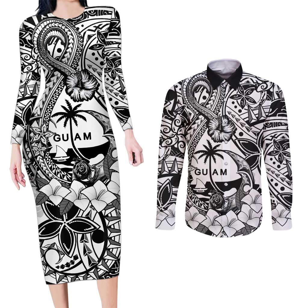 Guam Hafa Adai Guasali Flowers Couples Matching Long Sleeve Bodycon Dress and Long Sleeve Button Shirt