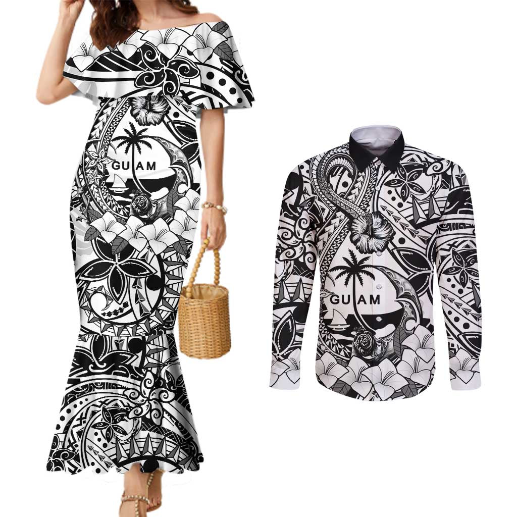 Guam Hafa Adai Guasali Flowers Couples Matching Mermaid Dress and Long Sleeve Button Shirt LT9 Black - Polynesian Pride