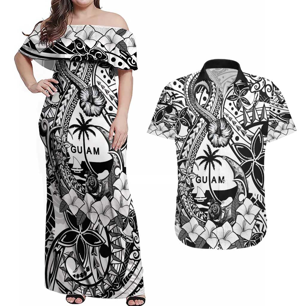 Guam Hafa Adai Guasali Flowers Couples Matching Off Shoulder Maxi Dress and Hawaiian Shirt