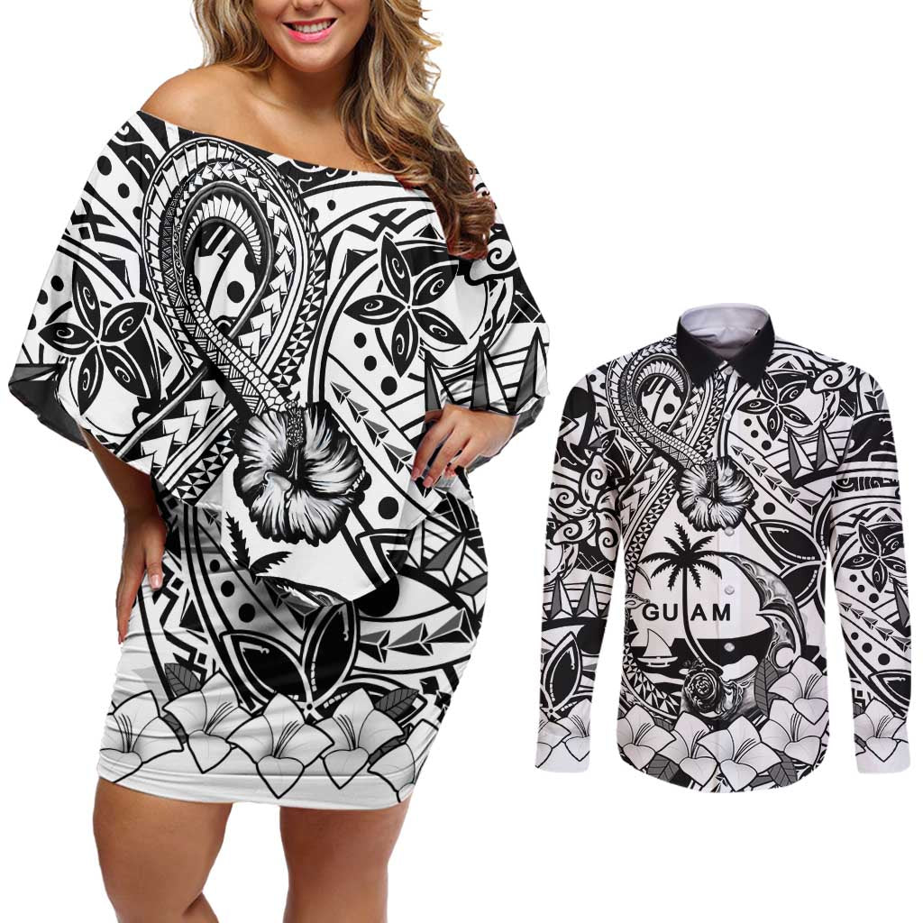 Guam Hafa Adai Guasali Flowers Couples Matching Off Shoulder Short Dress and Long Sleeve Button Shirt