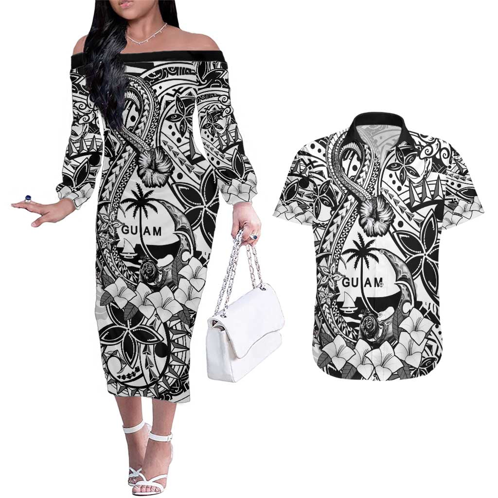 Guam Hafa Adai Guasali Flowers Couples Matching Off The Shoulder Long Sleeve Dress and Hawaiian Shirt