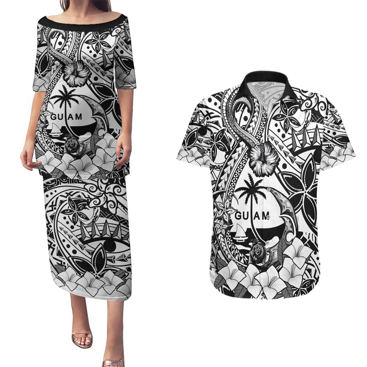 Guam Hafa Adai Guasali Flowers Couples Matching Puletasi and Hawaiian Shirt LT9 Black - Polynesian Pride