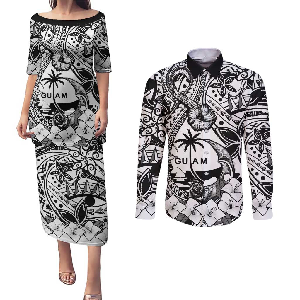 Guam Hafa Adai Guasali Flowers Couples Matching Puletasi and Long Sleeve Button Shirt LT9 Black - Polynesian Pride