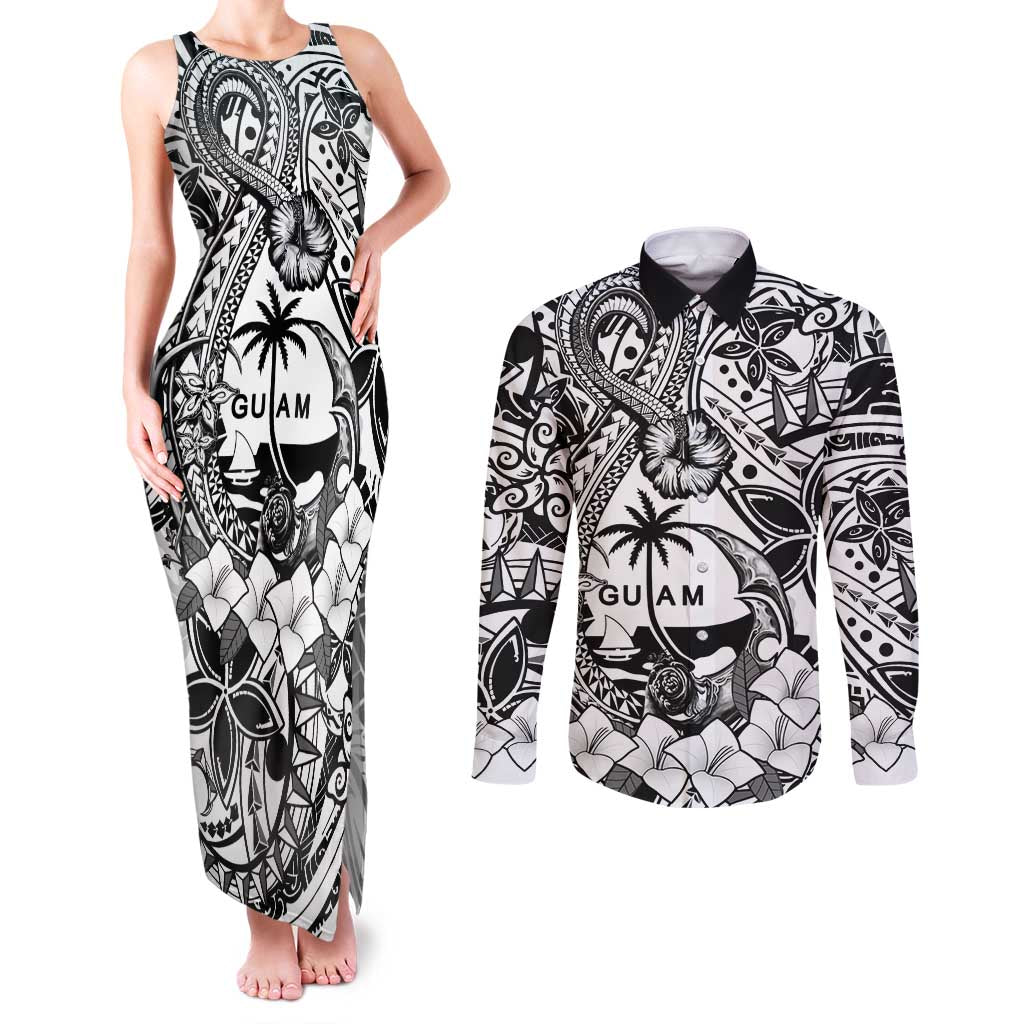 Guam Hafa Adai Guasali Flowers Couples Matching Tank Maxi Dress and Long Sleeve Button Shirt LT9 Black - Polynesian Pride