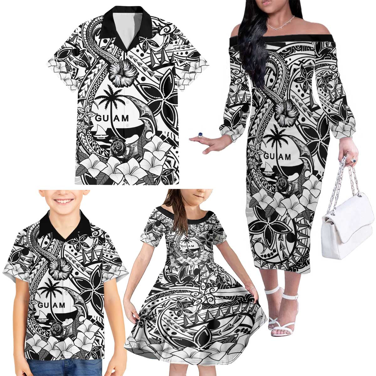Guam Hafa Adai Guasali Flowers Family Matching Off The Shoulder Long Sleeve Dress and Hawaiian Shirt LT9 - Polynesian Pride
