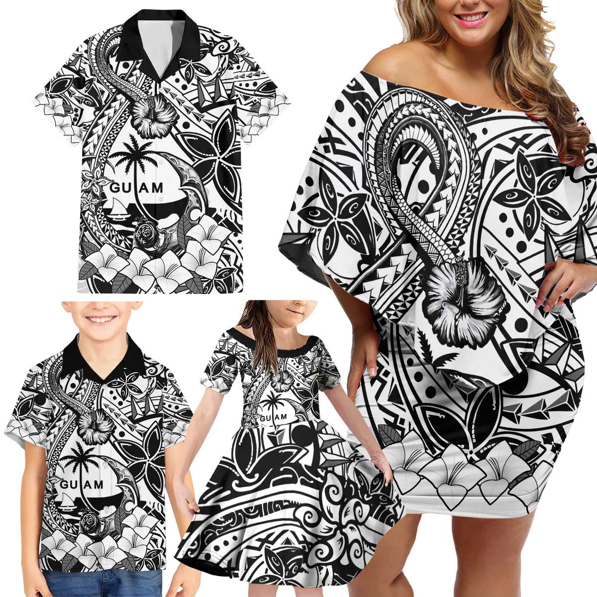 Guam Hafa Adai Guasali Flowers Family Matching Off Shoulder Short Dress and Hawaiian Shirt