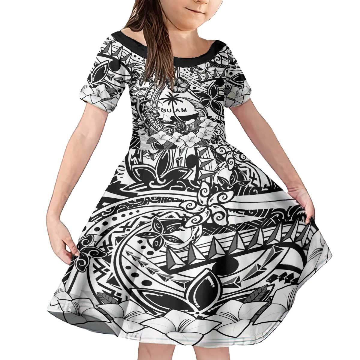 Guam Hafa Adai Guasali Flowers Family Matching Puletasi and Hawaiian Shirt LT9 Daughter's Dress Black - Polynesian Pride