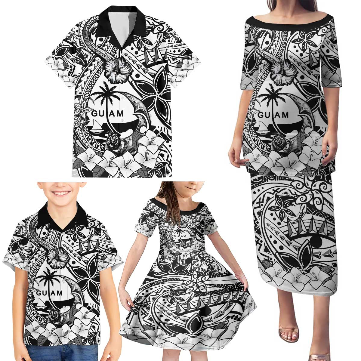 Guam Hafa Adai Guasali Flowers Family Matching Puletasi and Hawaiian Shirt