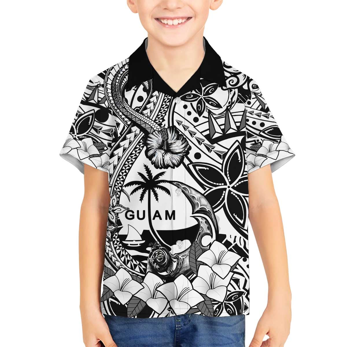 Guam Hafa Adai Guasali Flowers Family Matching Puletasi and Hawaiian Shirt LT9 Son's Shirt Black - Polynesian Pride