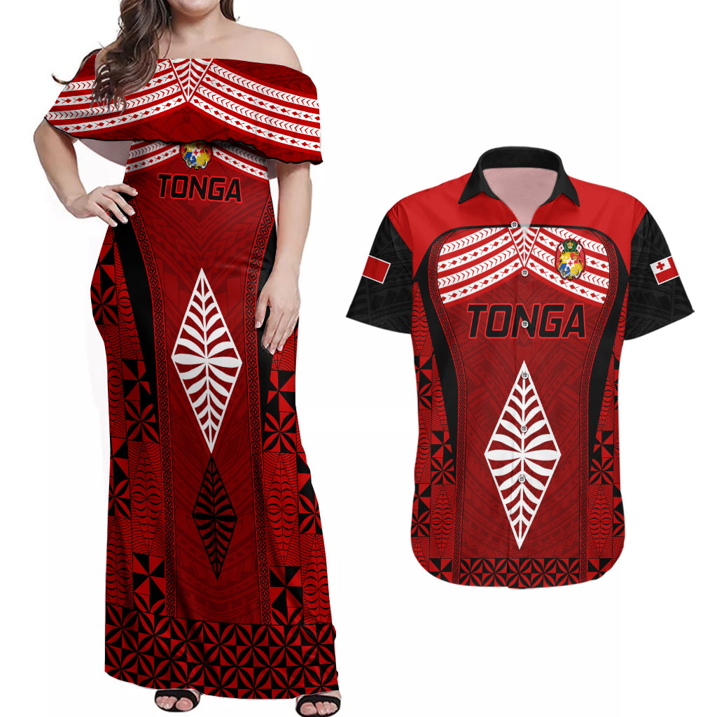 Tonga Rugby Couples Matching Off Shoulder Maxi Dress and Hawaiian Shirt Go Champions World Cup 2023 Ngatu Unique LT9 Red - Polynesian Pride