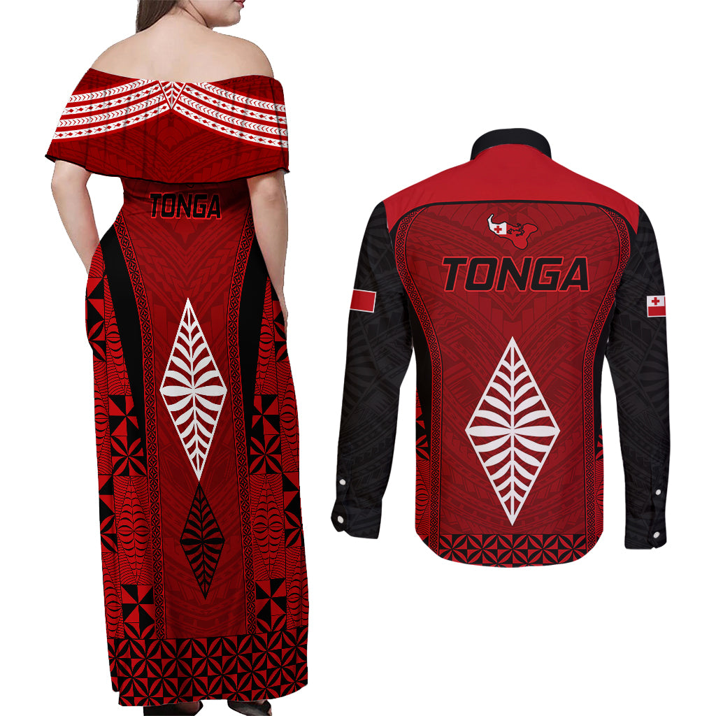 Tonga Rugby Couples Matching Off Shoulder Maxi Dress and Long Sleeve Button Shirts Go Champions World Cup 2023 Ngatu Unique LT9 - Polynesian Pride