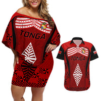 Tonga Rugby Couples Matching Off Shoulder Short Dress and Hawaiian Shirt Go Champions World Cup 2023 Ngatu Unique LT9 Red - Polynesian Pride