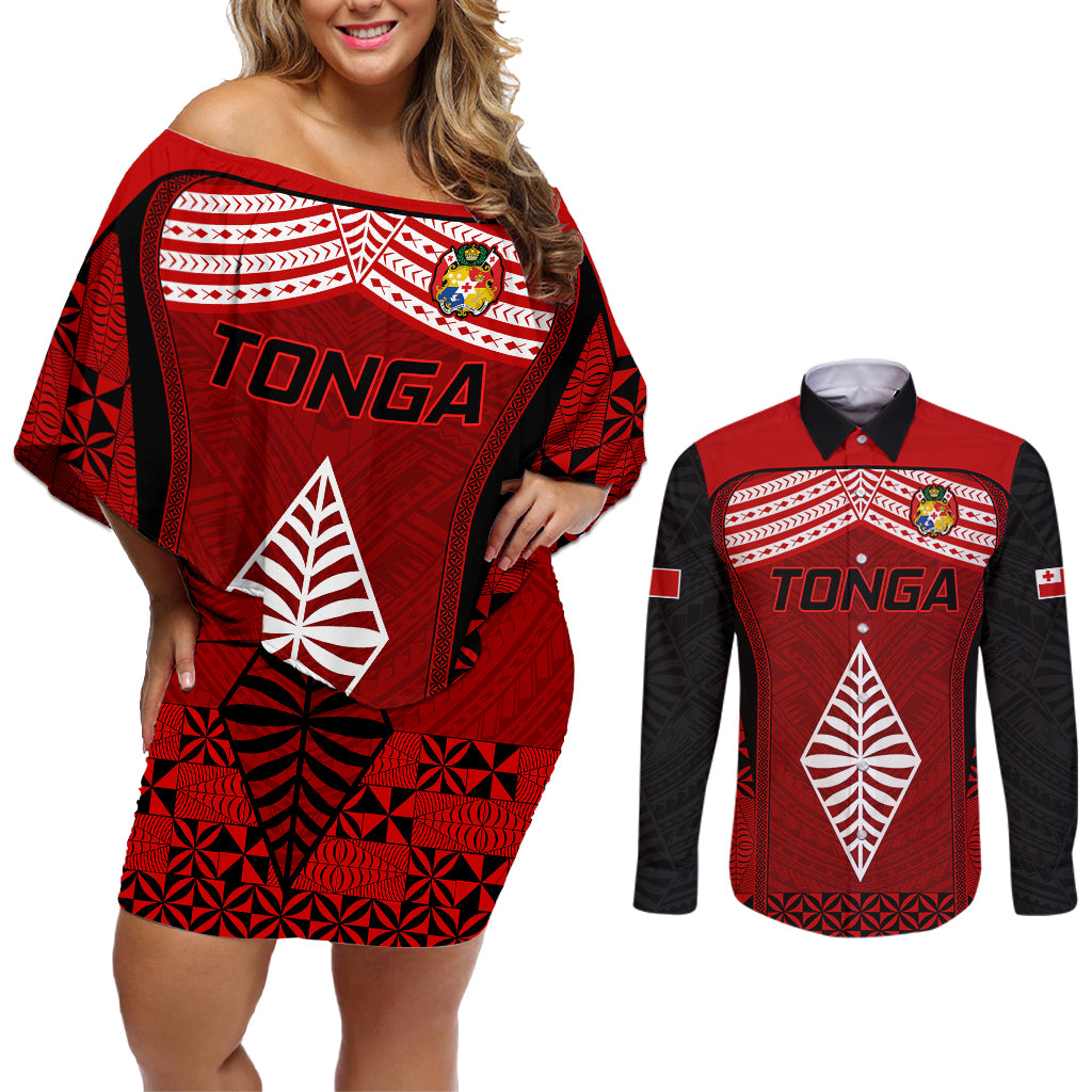 Tonga Rugby Couples Matching Off Shoulder Short Dress and Long Sleeve Button Shirts Go Champions World Cup 2023 Ngatu Unique LT9 Red - Polynesian Pride
