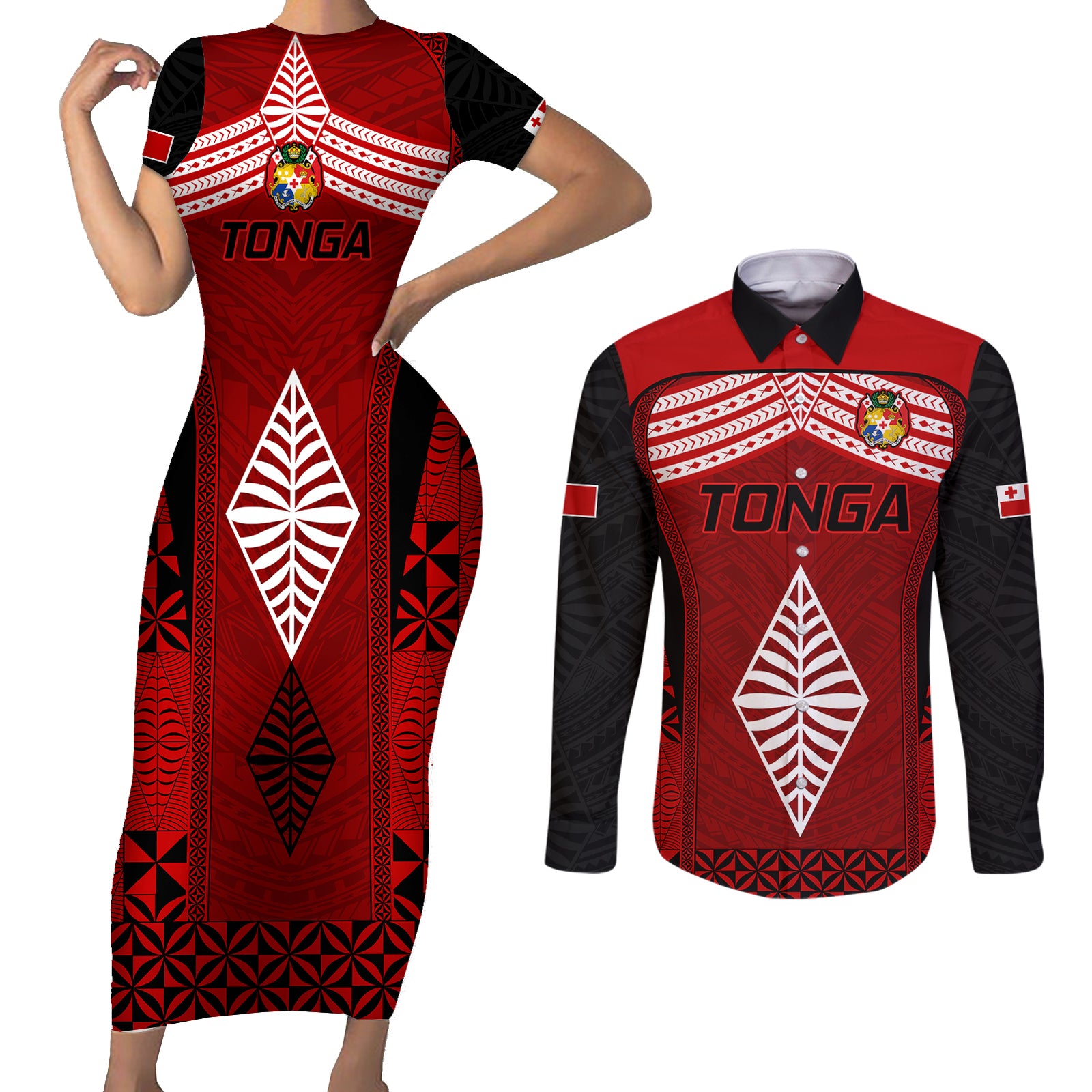 Tonga Rugby Couples Matching Short Sleeve Bodycon Dress and Long Sleeve Button Shirts Go Champions World Cup 2023 Ngatu Unique LT9 Red - Polynesian Pride