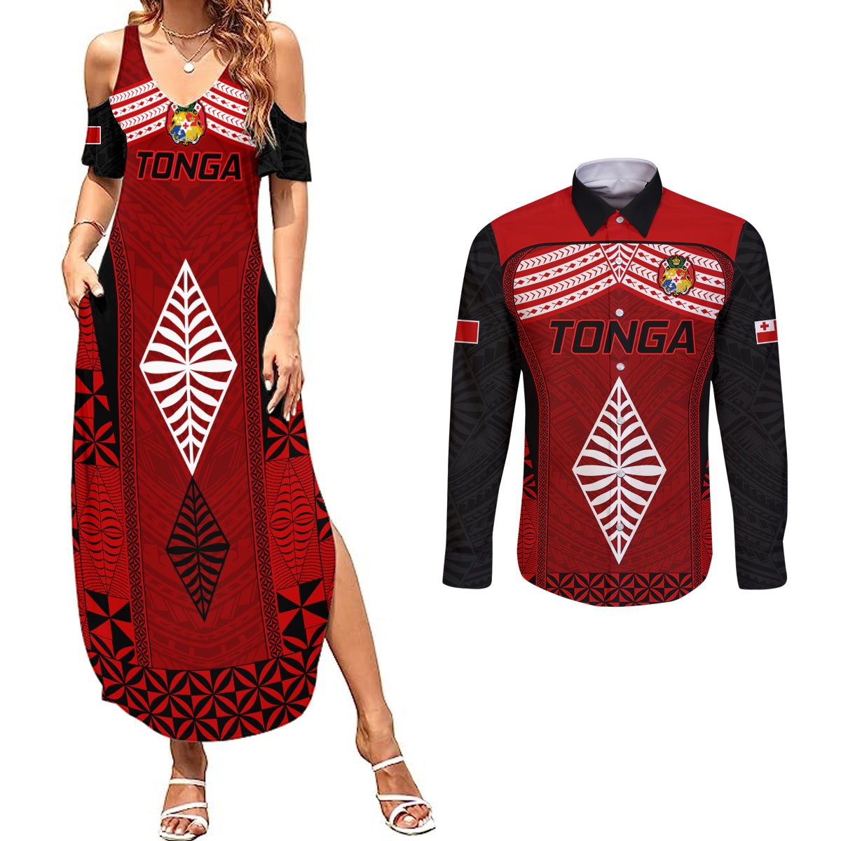 Tonga Rugby Couples Matching Summer Maxi Dress and Long Sleeve Button Shirts Go Champions World Cup 2023 Ngatu Unique LT9 Red - Polynesian Pride