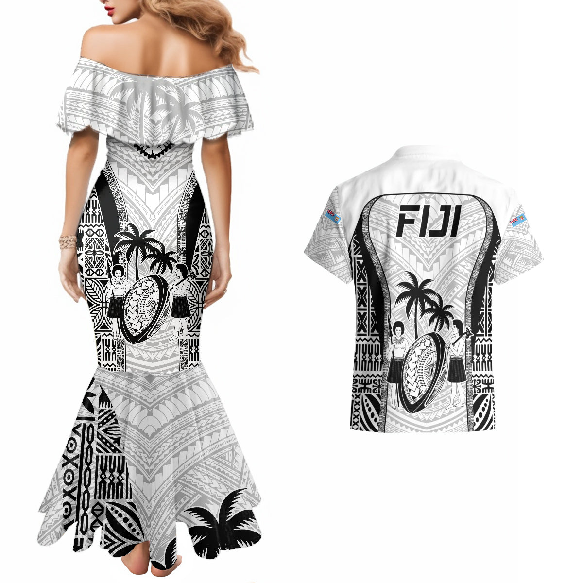 Fiji Rugby Couples Matching Mermaid Dress and Hawaiian Shirt Go Champions World Cup 2023 Tapa Unique White Vibe LT9 - Polynesian Pride