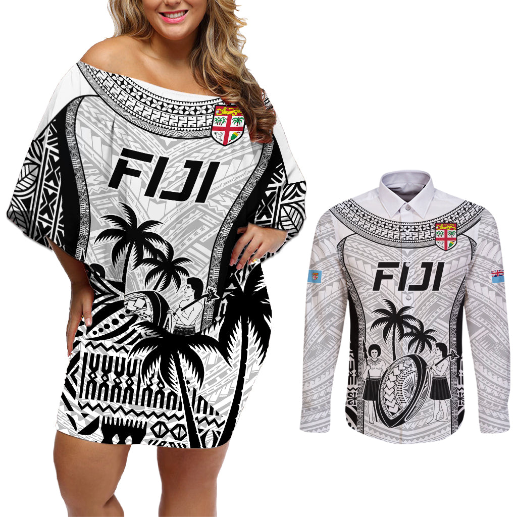 Fiji Rugby Couples Matching Off Shoulder Short Dress and Long Sleeve Button Shirts Go Champions World Cup 2023 Tapa Unique White Vibe LT9 White - Polynesian Pride