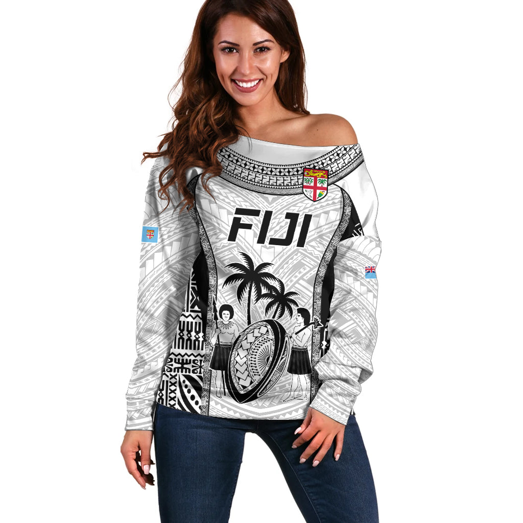 Fiji Rugby Off Shoulder Sweater Go Champions World Cup 2023 Tapa Unique White Vibe LT9 Women White - Polynesian Pride