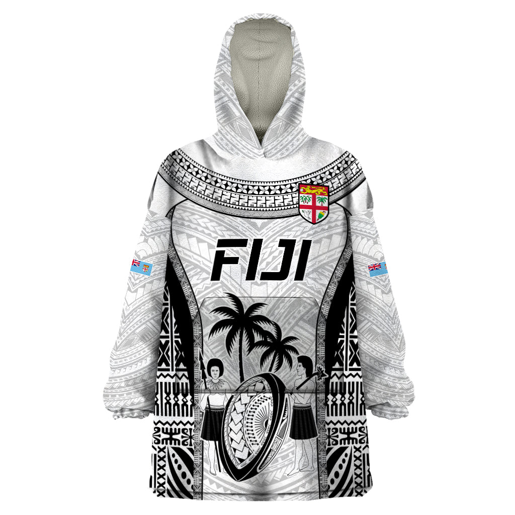 Fiji Rugby Wearable Blanket Hoodie Go Champions World Cup 2023 Tapa Unique White Vibe LT9 One Size White - Polynesian Pride