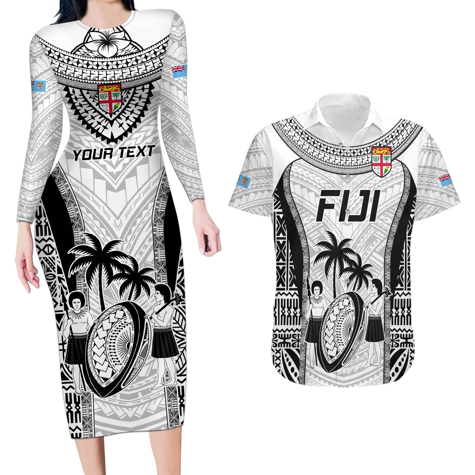 Custom Fiji Rugby Couples Matching Long Sleeve Bodycon Dress and Hawaiian Shirt Go Champions World Cup 2023 Tapa Unique White Vibe LT9 White - Polynesian Pride