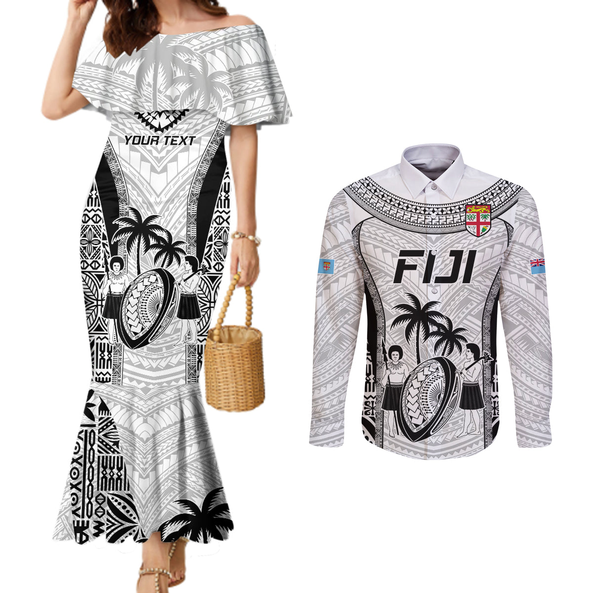 Custom Fiji Rugby Couples Matching Mermaid Dress and Long Sleeve Button Shirts Go Champions World Cup 2023 Tapa Unique White Vibe LT9 White - Polynesian Pride