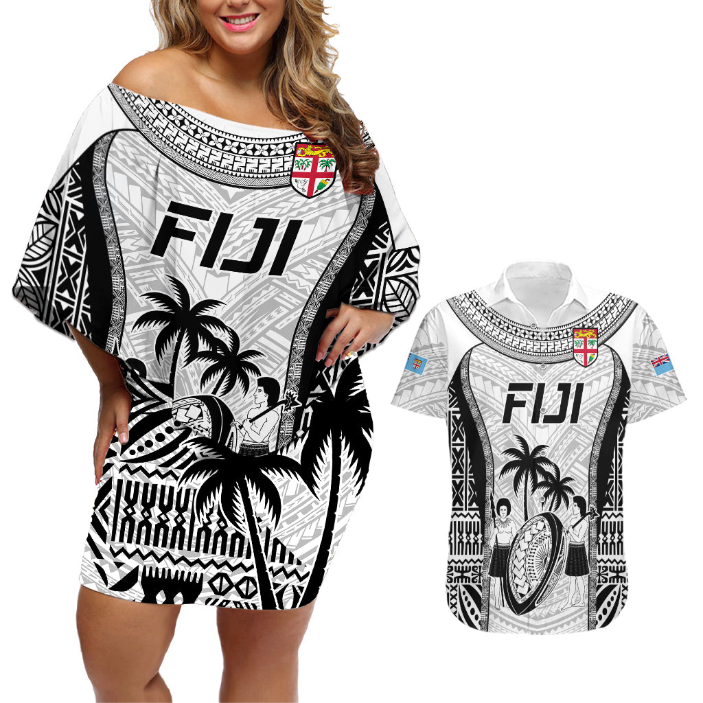 Custom Fiji Rugby Couples Matching Off Shoulder Short Dress and Hawaiian Shirt Go Champions World Cup 2023 Tapa Unique White Vibe LT9 White - Polynesian Pride