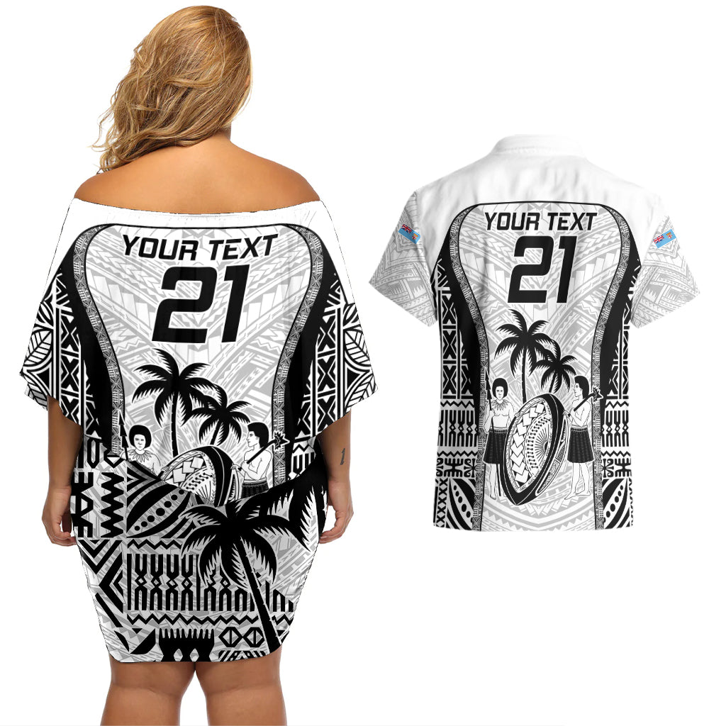 Custom Fiji Rugby Couples Matching Off Shoulder Short Dress and Hawaiian Shirt Go Champions World Cup 2023 Tapa Unique White Vibe LT9 - Polynesian Pride