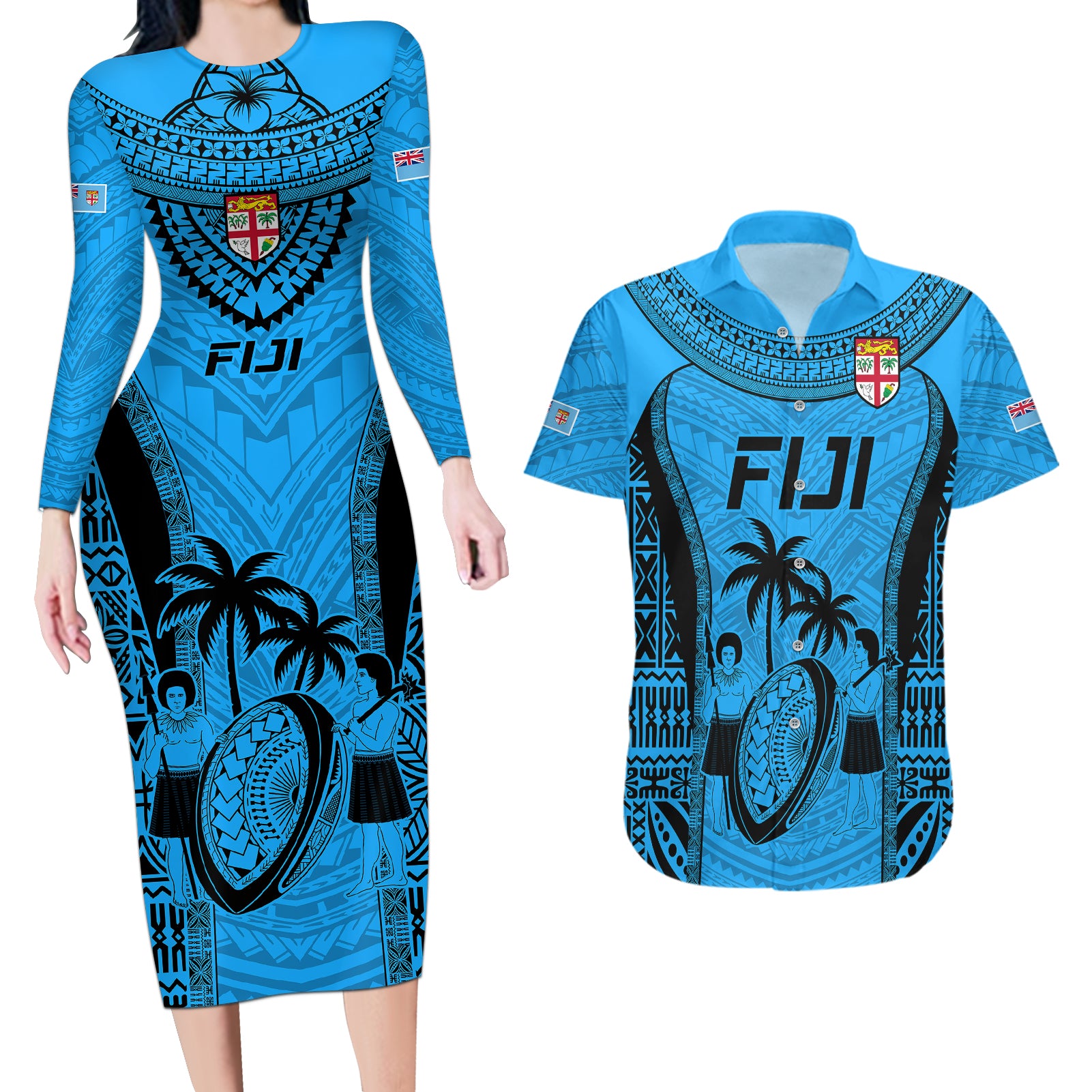 Fiji Rugby Couples Matching Long Sleeve Bodycon Dress and Hawaiian Shirt Go Champions World Cup 2023 Tapa Unique Blue Vibe LT9 Blue - Polynesian Pride