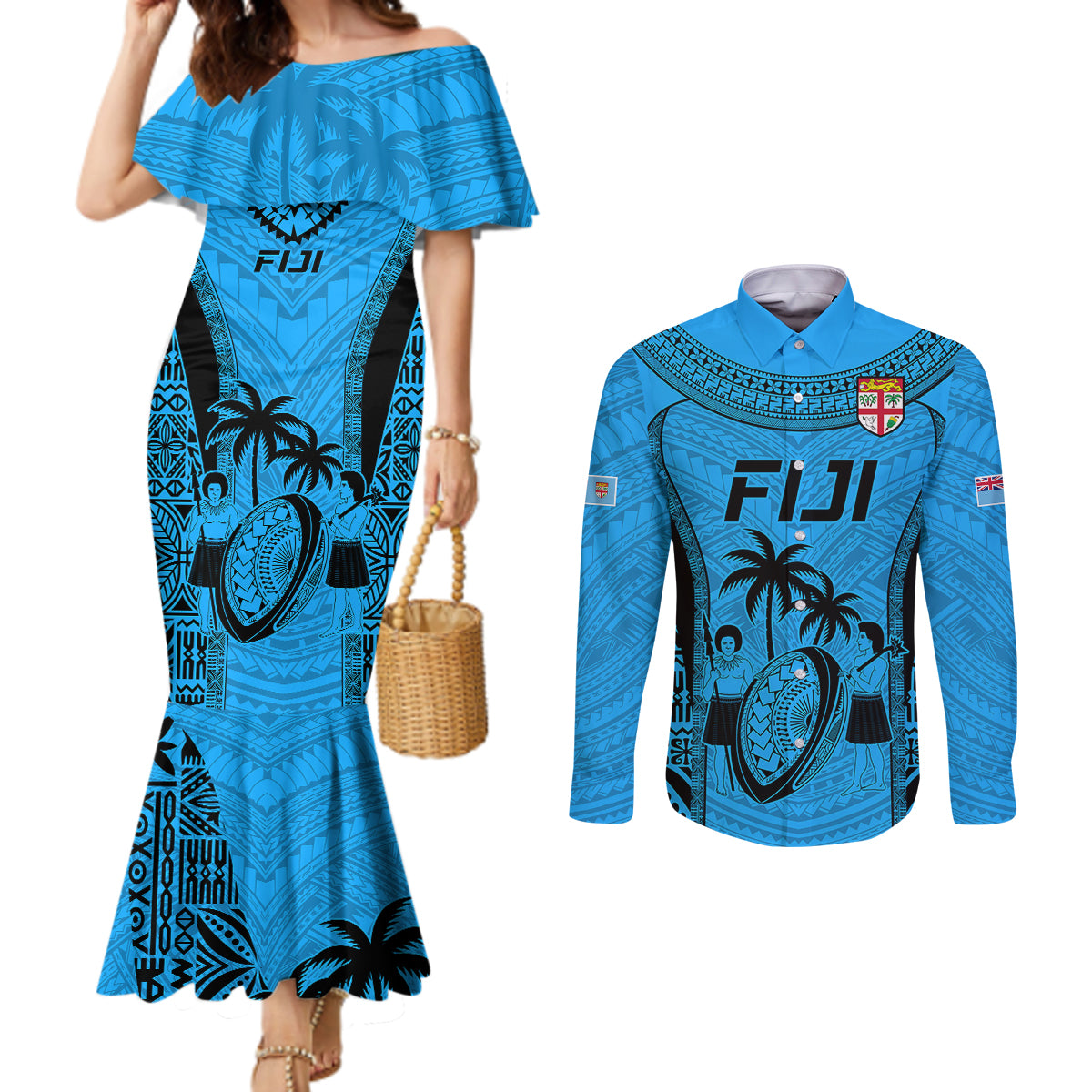 Fiji Rugby Couples Matching Mermaid Dress and Long Sleeve Button Shirts Go Champions World Cup 2023 Tapa Unique Blue Vibe LT9 Blue - Polynesian Pride