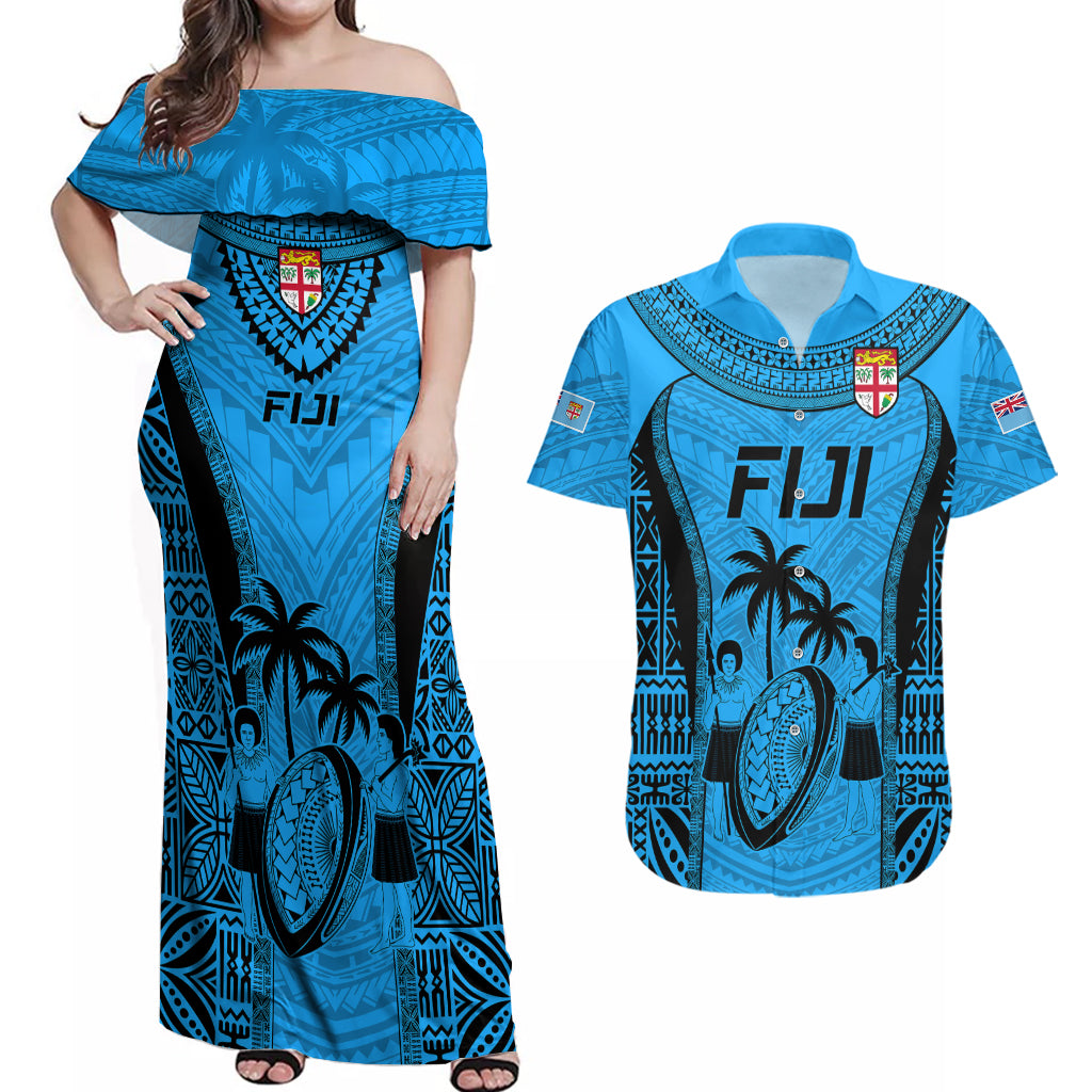 Fiji Rugby Couples Matching Off Shoulder Maxi Dress and Hawaiian Shirt Go Champions World Cup 2023 Tapa Unique Blue Vibe LT9 Blue - Polynesian Pride