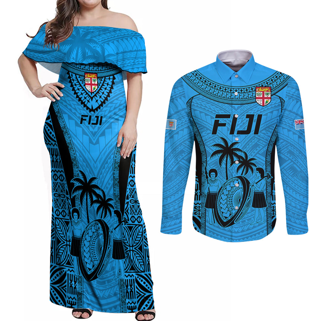 Fiji Rugby Couples Matching Off Shoulder Maxi Dress and Long Sleeve Button Shirts Go Champions World Cup 2023 Tapa Unique Blue Vibe LT9 Blue - Polynesian Pride