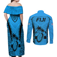 Fiji Rugby Couples Matching Off Shoulder Maxi Dress and Long Sleeve Button Shirts Go Champions World Cup 2023 Tapa Unique Blue Vibe LT9 - Polynesian Pride