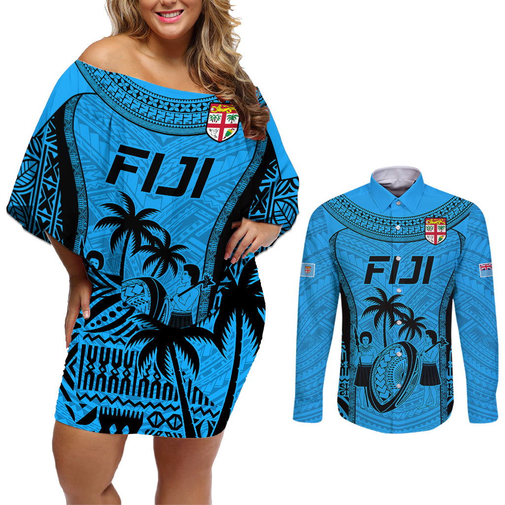 Fiji Rugby Couples Matching Off Shoulder Short Dress and Long Sleeve Button Shirts Go Champions World Cup 2023 Tapa Unique Blue Vibe LT9 Blue - Polynesian Pride