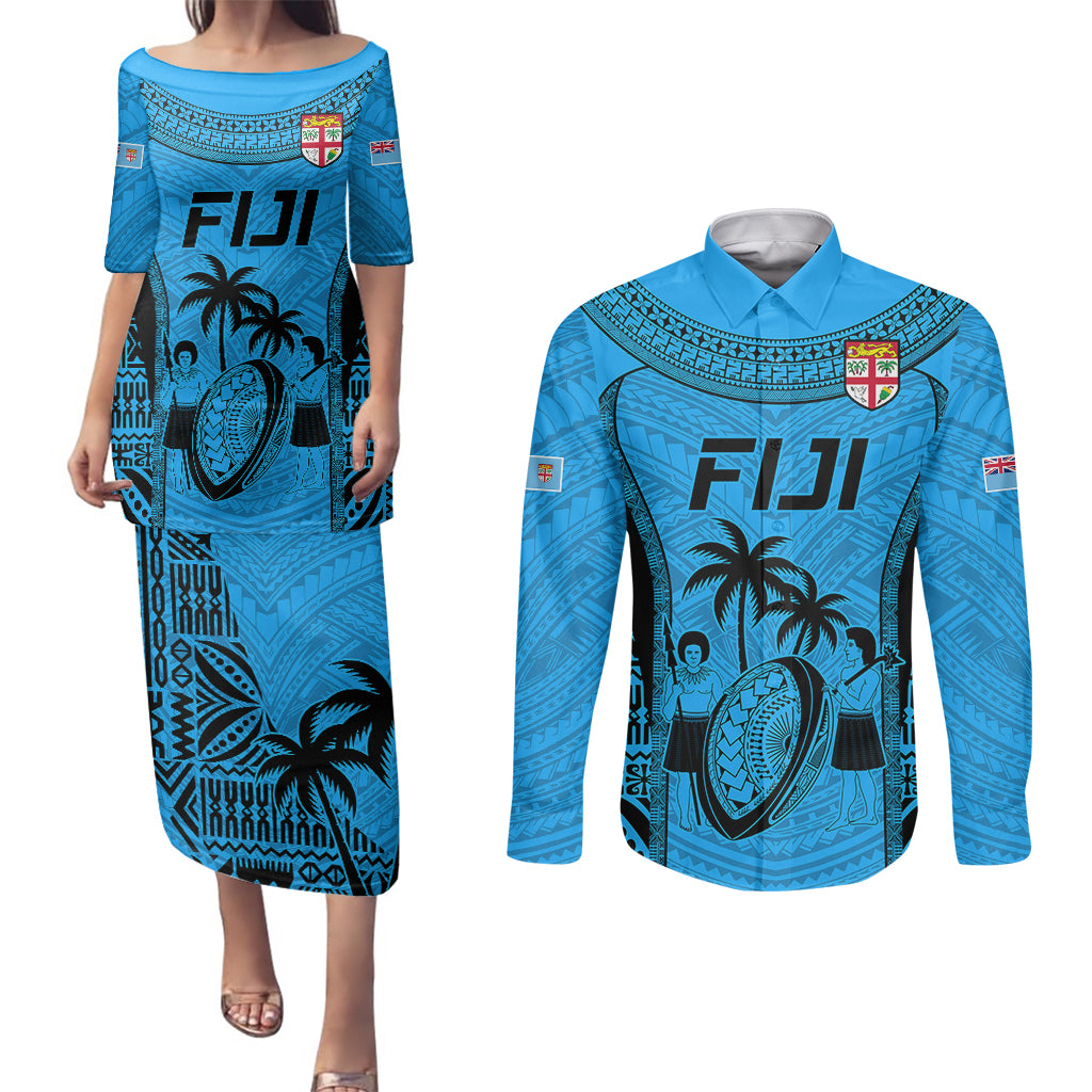 Fiji Rugby Couples Matching Puletasi Dress and Long Sleeve Button Shirts Go Champions World Cup 2023 Tapa Unique Blue Vibe LT9 Blue - Polynesian Pride