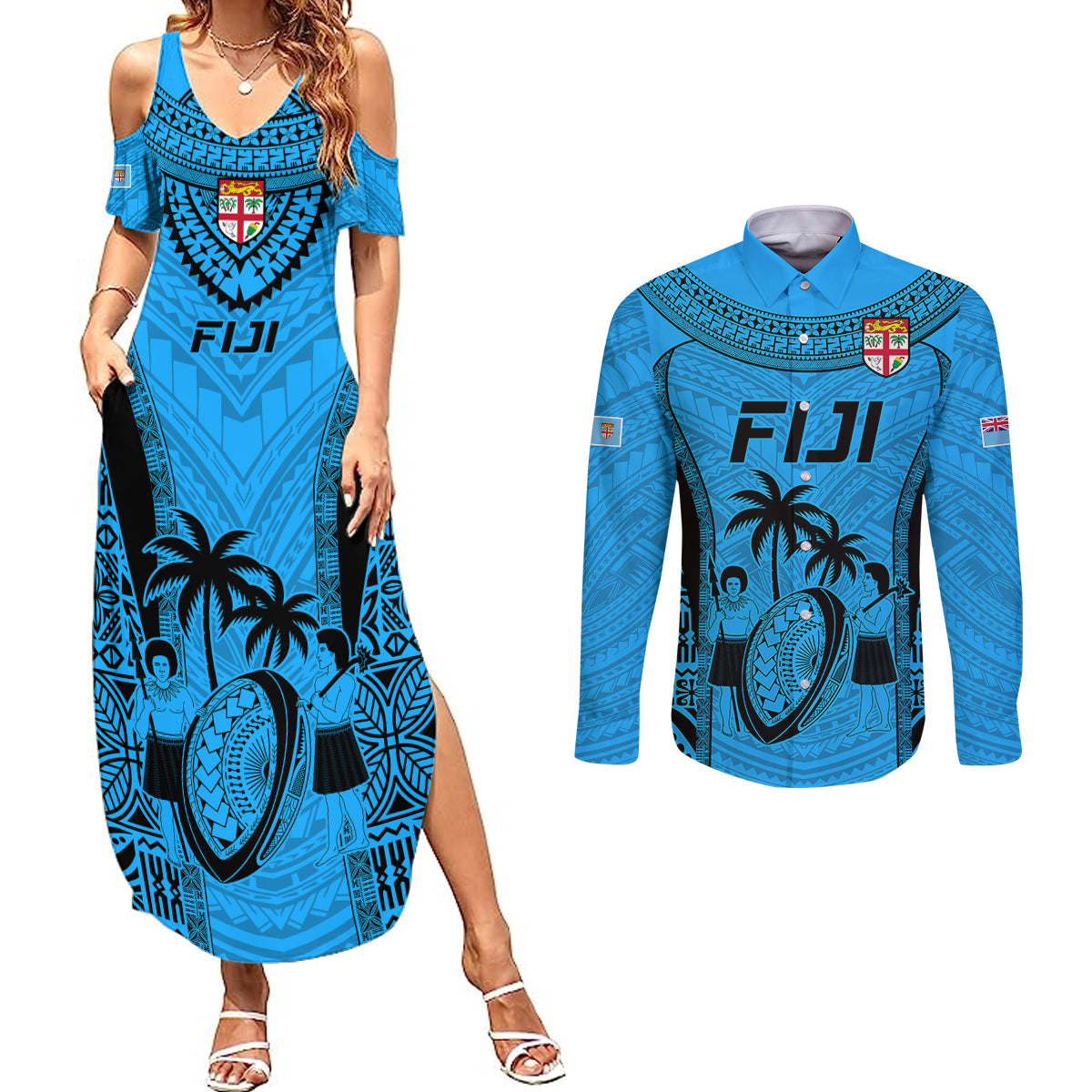 Fiji Rugby Couples Matching Summer Maxi Dress and Long Sleeve Button Shirts Go Champions World Cup 2023 Tapa Unique Blue Vibe LT9 Blue - Polynesian Pride