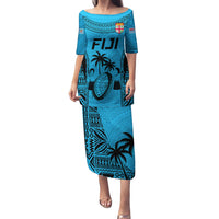 Fiji Rugby Puletasi Go Champions World Cup 2023 Tapa Unique Blue Vibe LT9 Long Dress Blue - Polynesian Pride