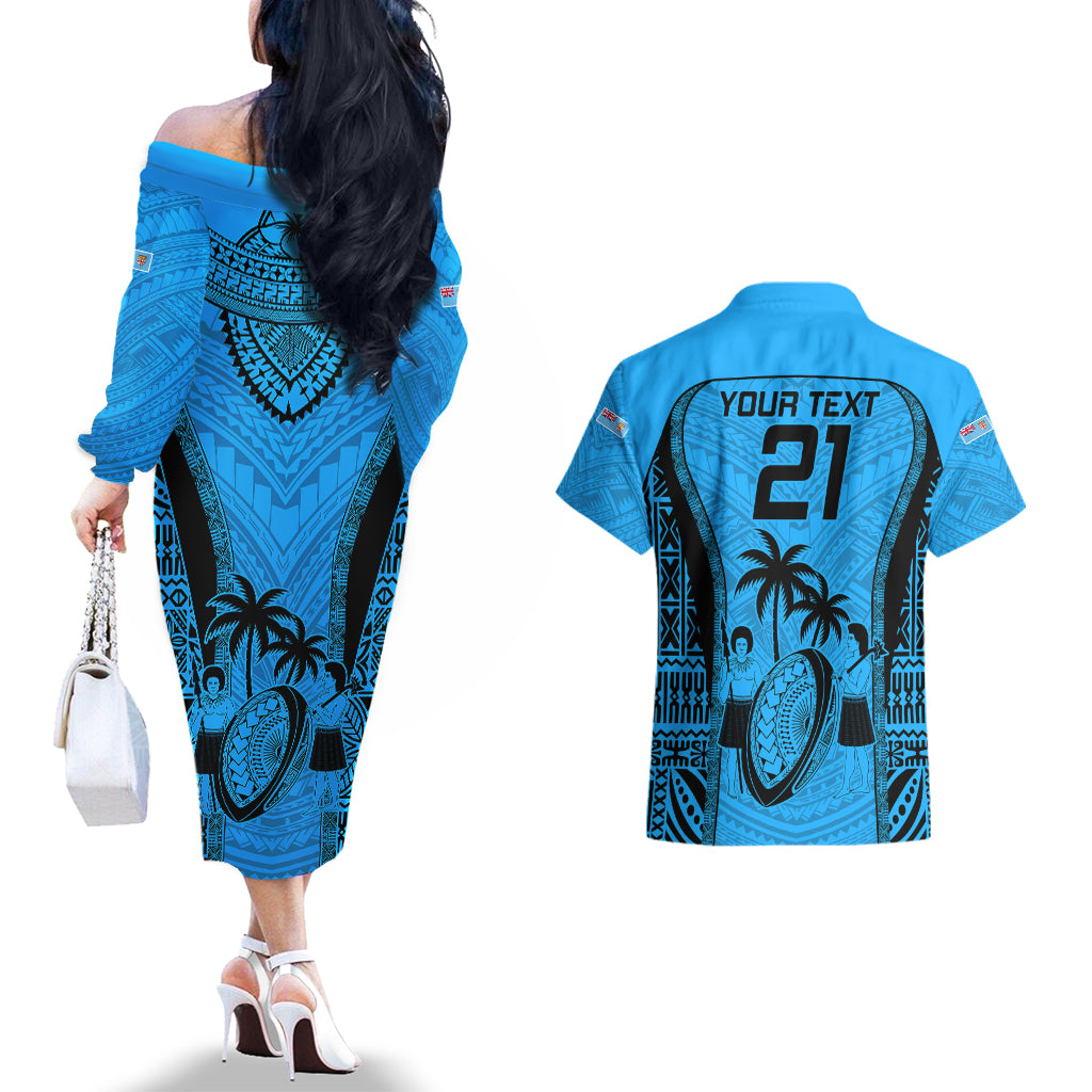 Custom Fiji Rugby Couples Matching Off The Shoulder Long Sleeve Dress and Hawaiian Shirt Go Champions World Cup 2023 Tapa Unique Blue Vibe LT9 - Polynesian Pride