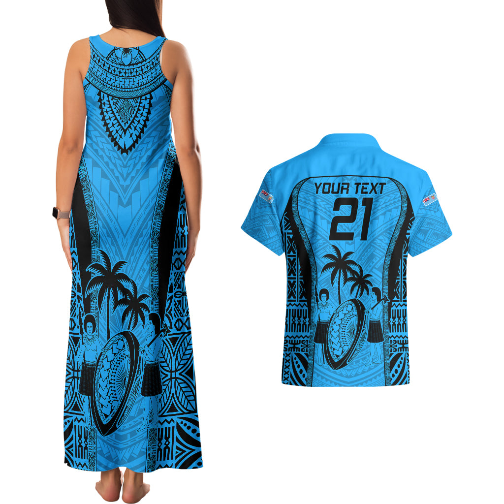 Custom Fiji Rugby Couples Matching Tank Maxi Dress and Hawaiian Shirt Go Champions World Cup 2023 Tapa Unique Blue Vibe LT9 - Polynesian Pride