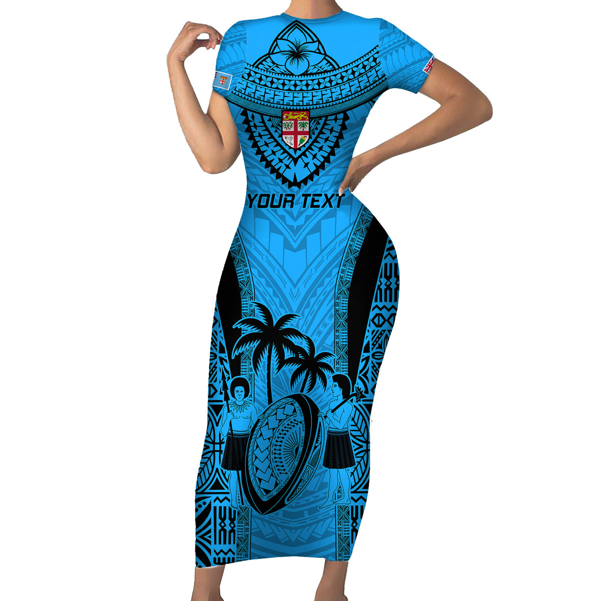 Custom Fiji Rugby Short Sleeve Bodycon Dress Go Champions World Cup 2023 Tapa Unique Blue Vibe LT9 Long Dress Blue - Polynesian Pride