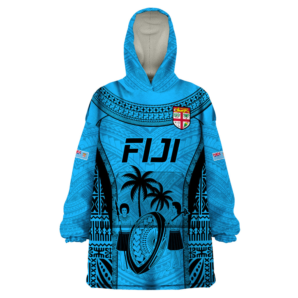 Custom Fiji Rugby Wearable Blanket Hoodie Go Champions World Cup 2023 Tapa Unique Blue Vibe LT9 One Size Blue - Polynesian Pride