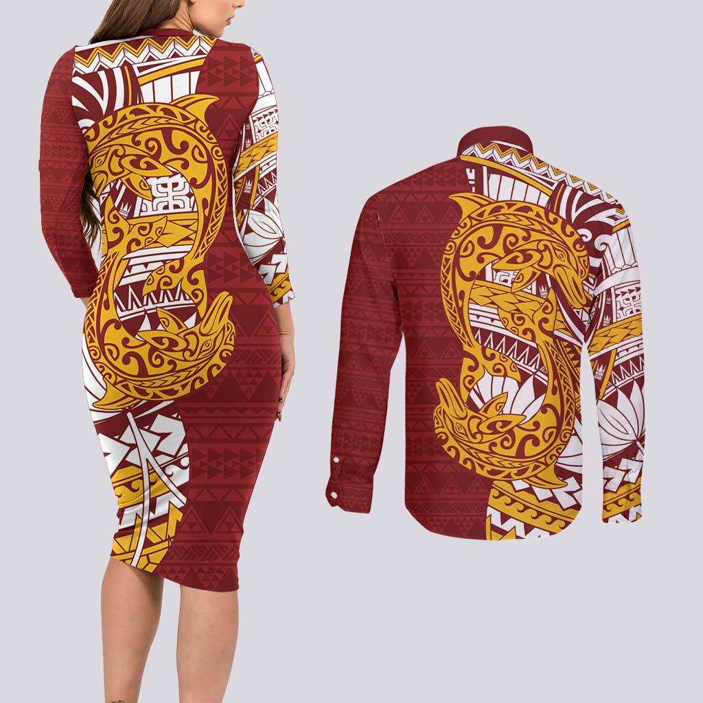 Couple Dolphins Maori Motif Couples Matching Long Sleeve Bodycon Dress and Long Sleeve Button Shirt - Polynesian Pride