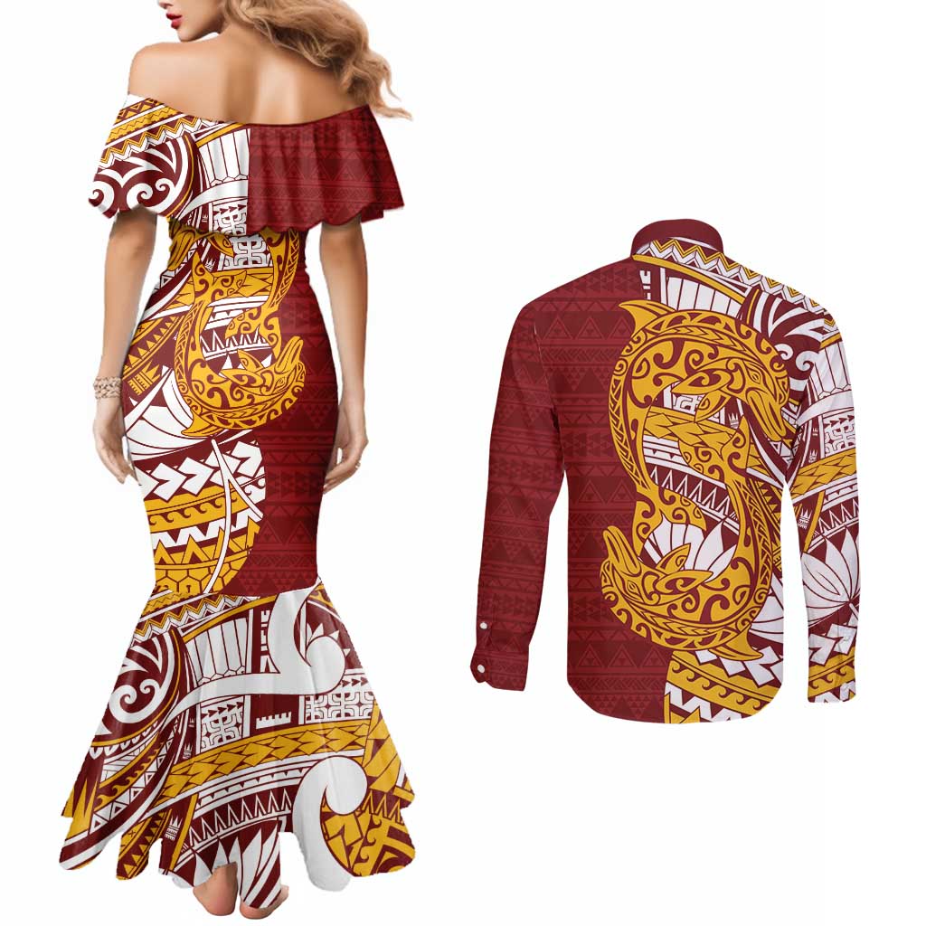 Couple Dolphins Maori Motif Couples Matching Mermaid Dress and Long Sleeve Button Shirt - Polynesian Pride
