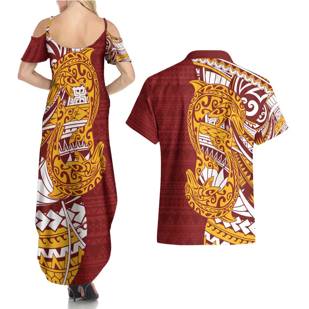 Couple Dolphins Maori Motif Couples Matching Summer Maxi Dress and Hawaiian Shirt - Polynesian Pride