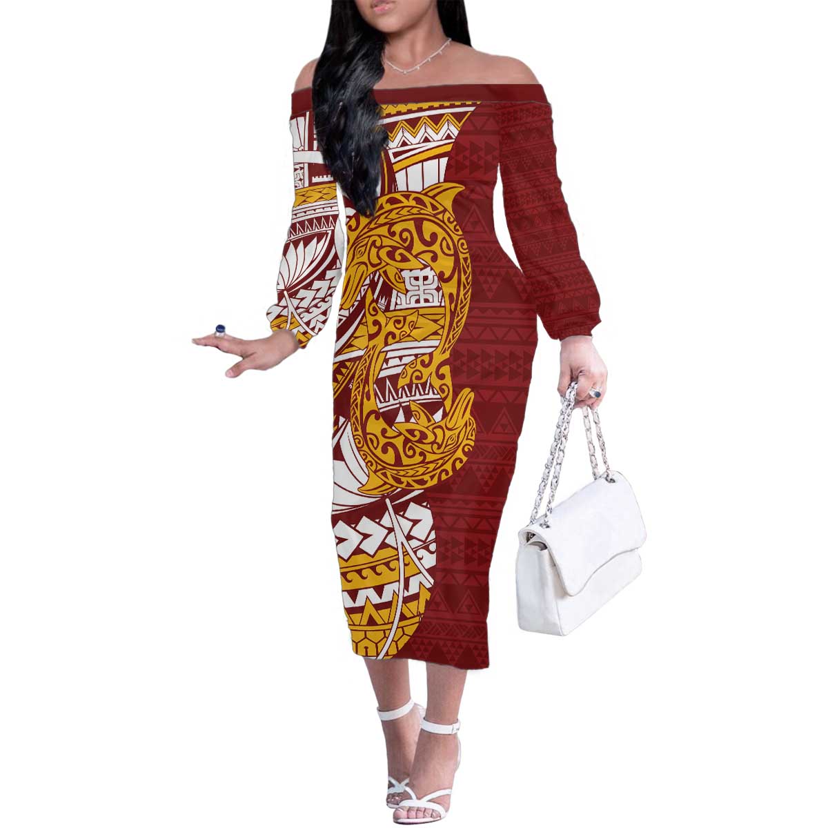 Couple Dolphins Maori Motif Family Matching Off The Shoulder Long Sleeve Dress and Hawaiian Shirt - Polynesian Pride