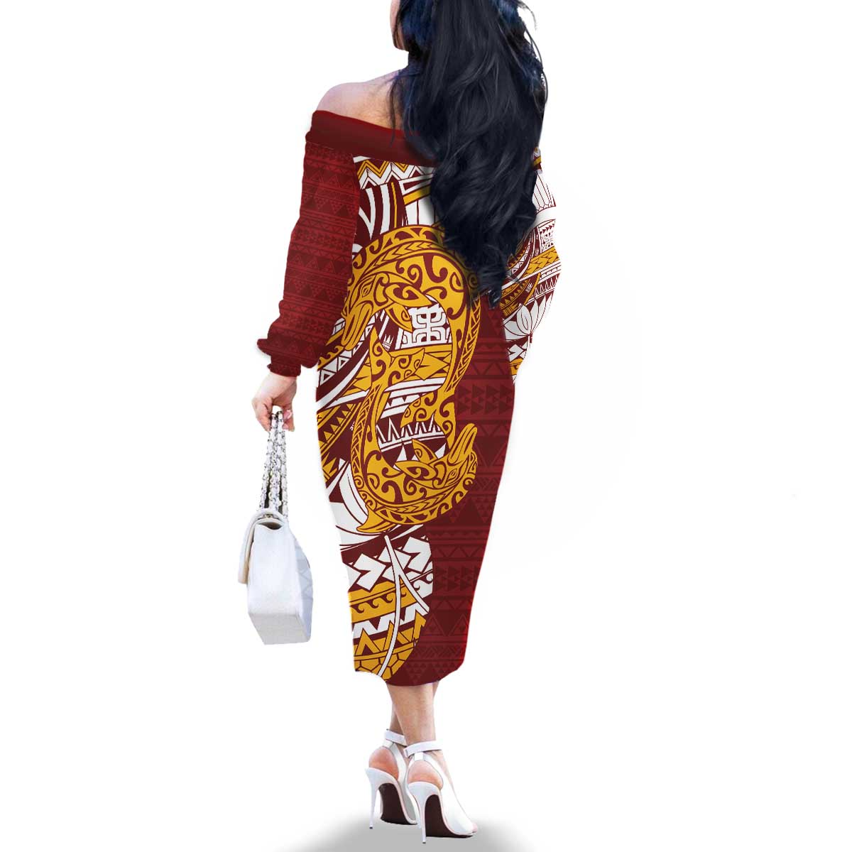 Couple Dolphins Maori Motif Family Matching Off The Shoulder Long Sleeve Dress and Hawaiian Shirt - Polynesian Pride