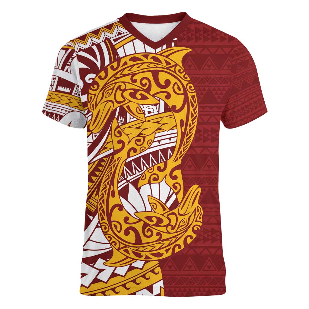 Couple Dolphins Maori Motif Women V-Neck T-Shirt - Polynesian Pride