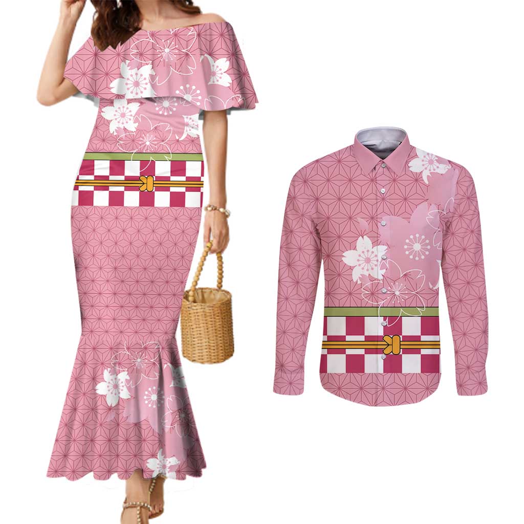 Japanese Asanoha Pattern Couples Matching Mermaid Dress and Long Sleeve Button Shirt Charm Against Evil Spirits LT9 Pink - Polynesian Pride