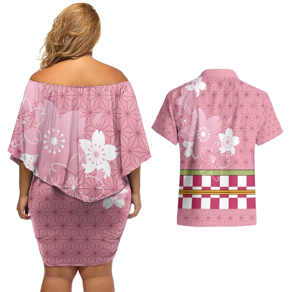 Japanese Asanoha Pattern Couples Matching Off Shoulder Short Dress and Hawaiian Shirt Charm Against Evil Spirits - Polynesian Pride