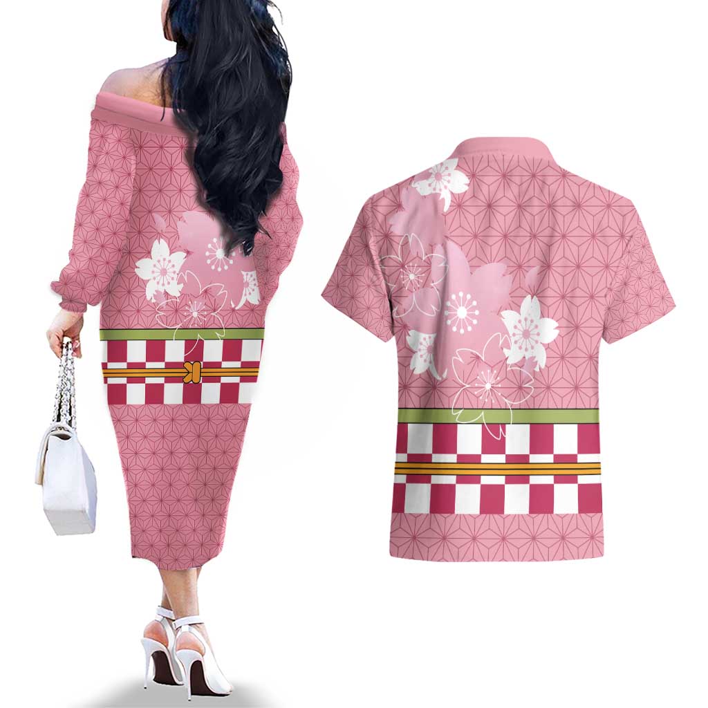 Japanese Asanoha Pattern Couples Matching Off The Shoulder Long Sleeve Dress and Hawaiian Shirt Charm Against Evil Spirits - Polynesian Pride