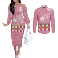 Japanese Asanoha Pattern Couples Matching Off The Shoulder Long Sleeve Dress and Long Sleeve Button Shirt Charm Against Evil Spirits LT9 Pink - Polynesian Pride